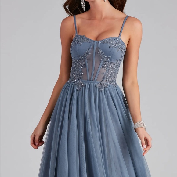 Windsor Blue Mesh Corset Prom Dress - Picture 3 of 12